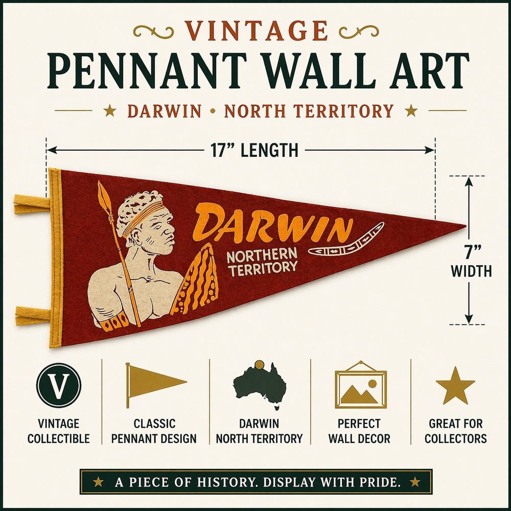 Vintage Darwin Northern Territory Australia Souvenir‎ Felt Pennant Red Orange